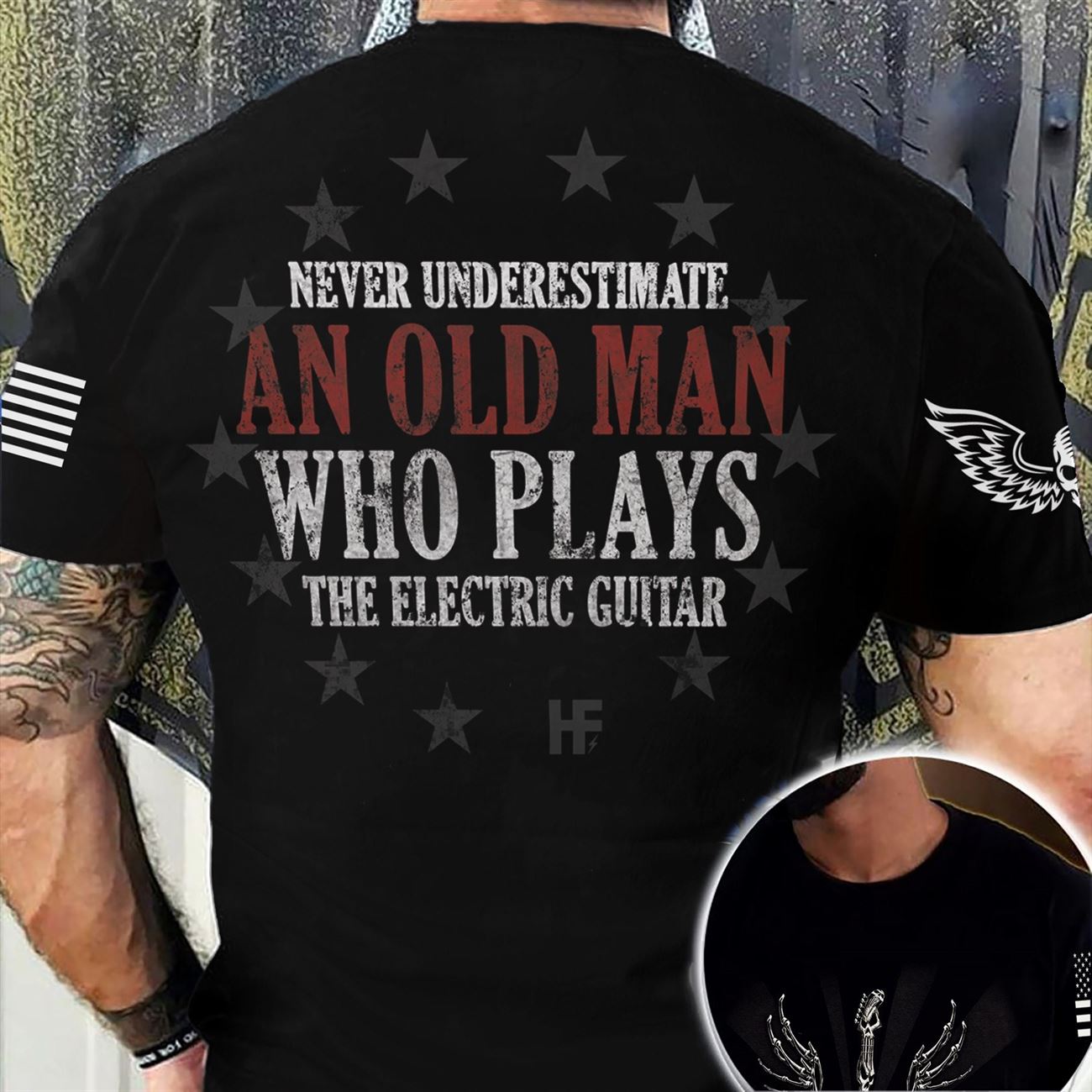 never underestimate an old man who plays the electric guitar all over print t-shirt