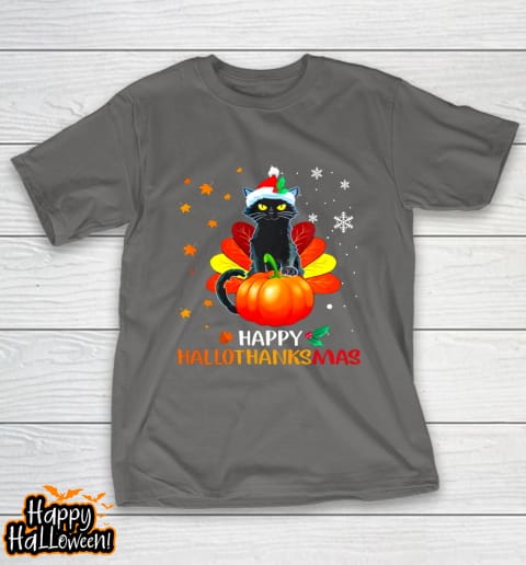 black cat halloween and merry christmas happy hallothanksmas shirt