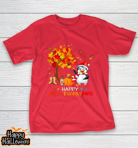 penguin halloween and merry christmas happy hallothanksmas funny shirt