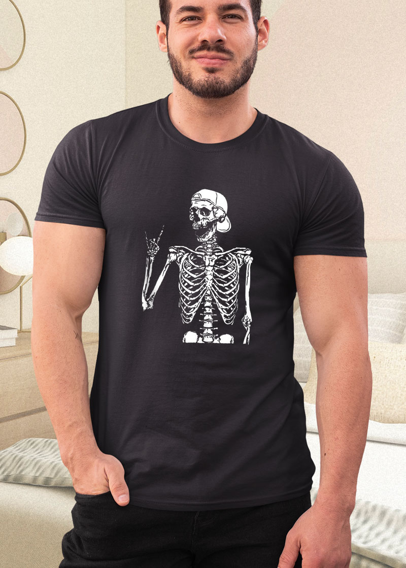 rocker skeleton hand rock on halloween shirt