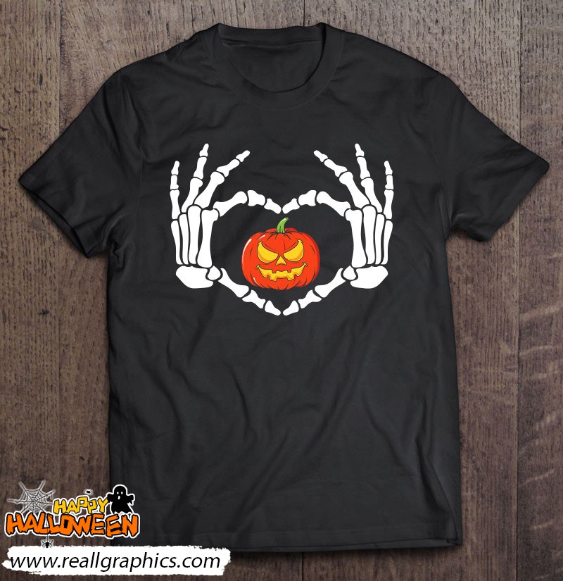 skeleton hand with love pumpkin trick or treat halloween shirt