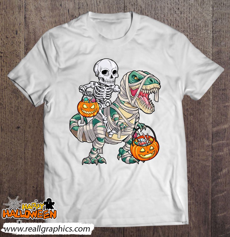 skeleton riding mummy dinosaur t rex halloween funny pumpkin shirt