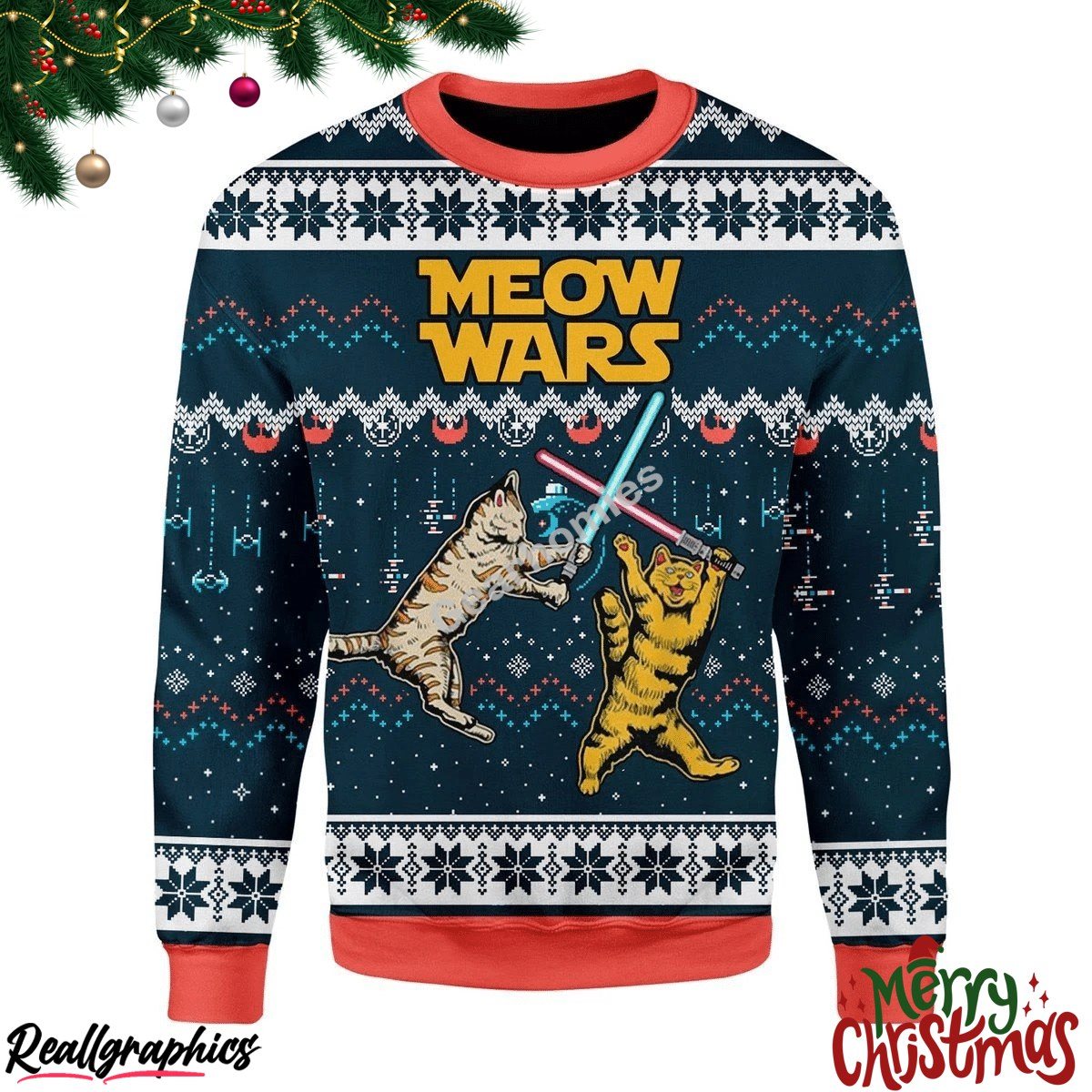 meow wars all over print ugly sweatshirt, sweater