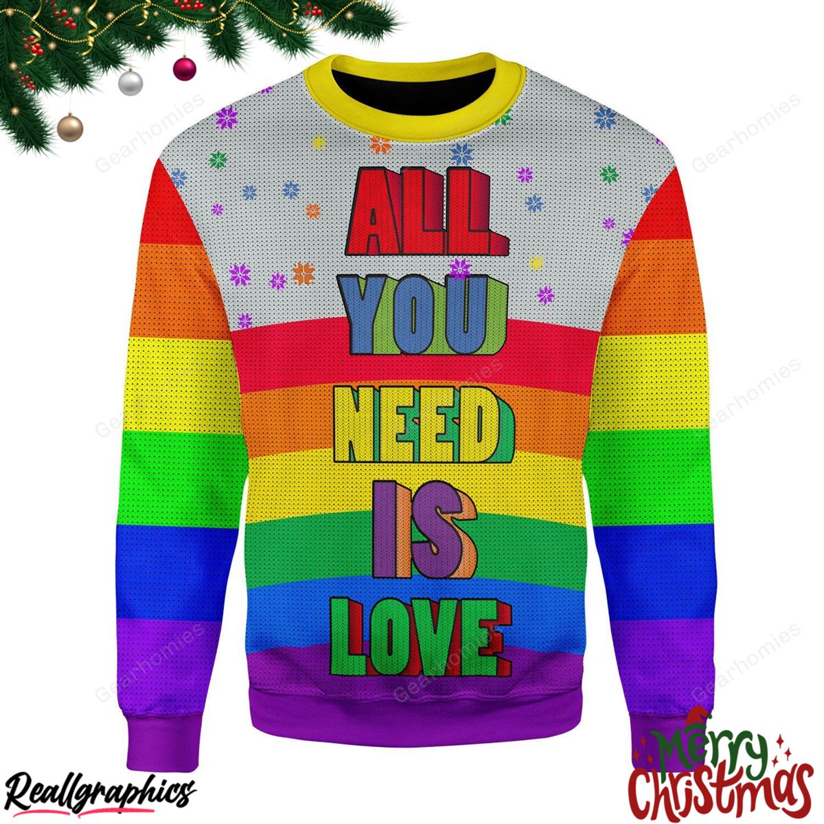 merry christmas all you need is love lgbt all over print ugly sweatshirt, sweater
