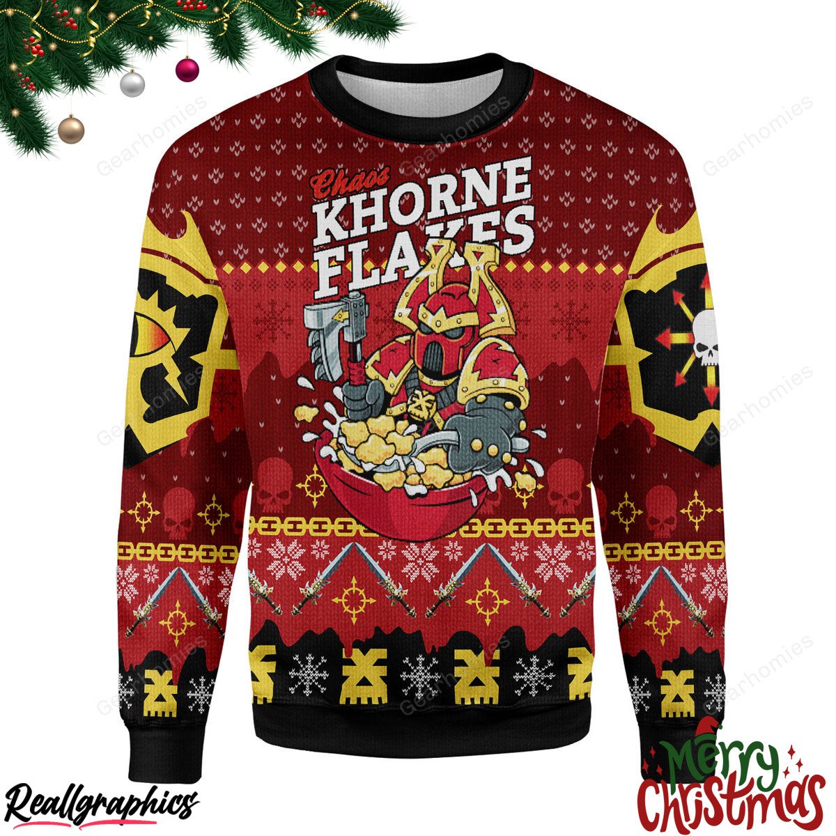merry christmas chaos khorne flakes christmas ugly sweatshirt - sweater