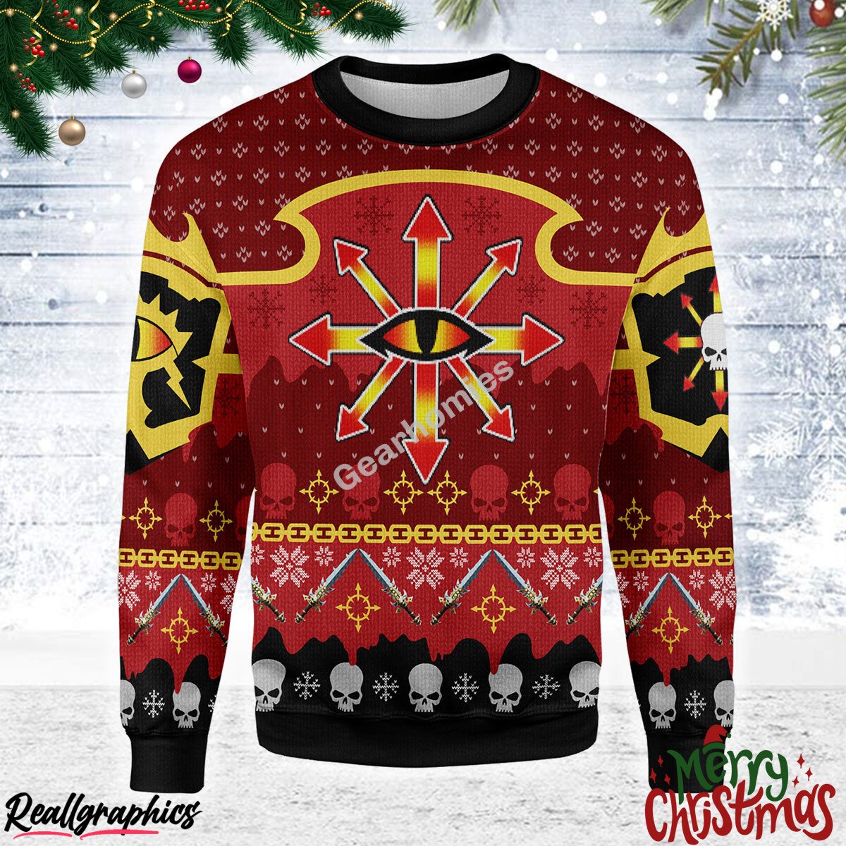 merry christmas chaos reigns khorne 3d costumes christmas ugly sweatshirt - sweater