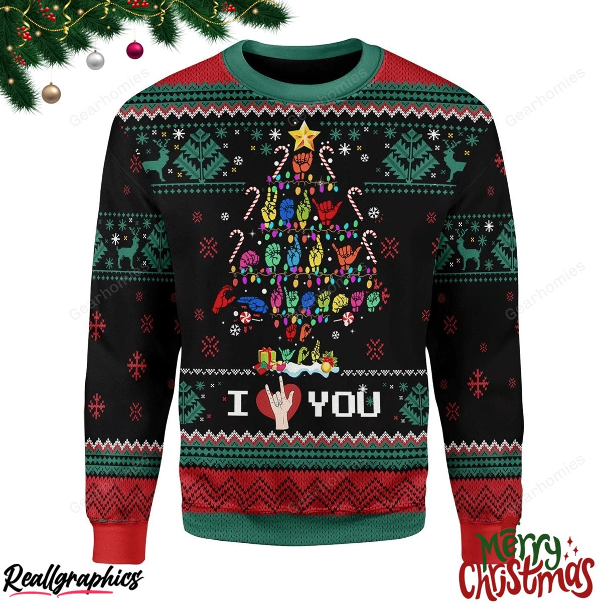 merry christmas christmas tree sign language ugly xmas all over print ugly sweatshirt, sweater