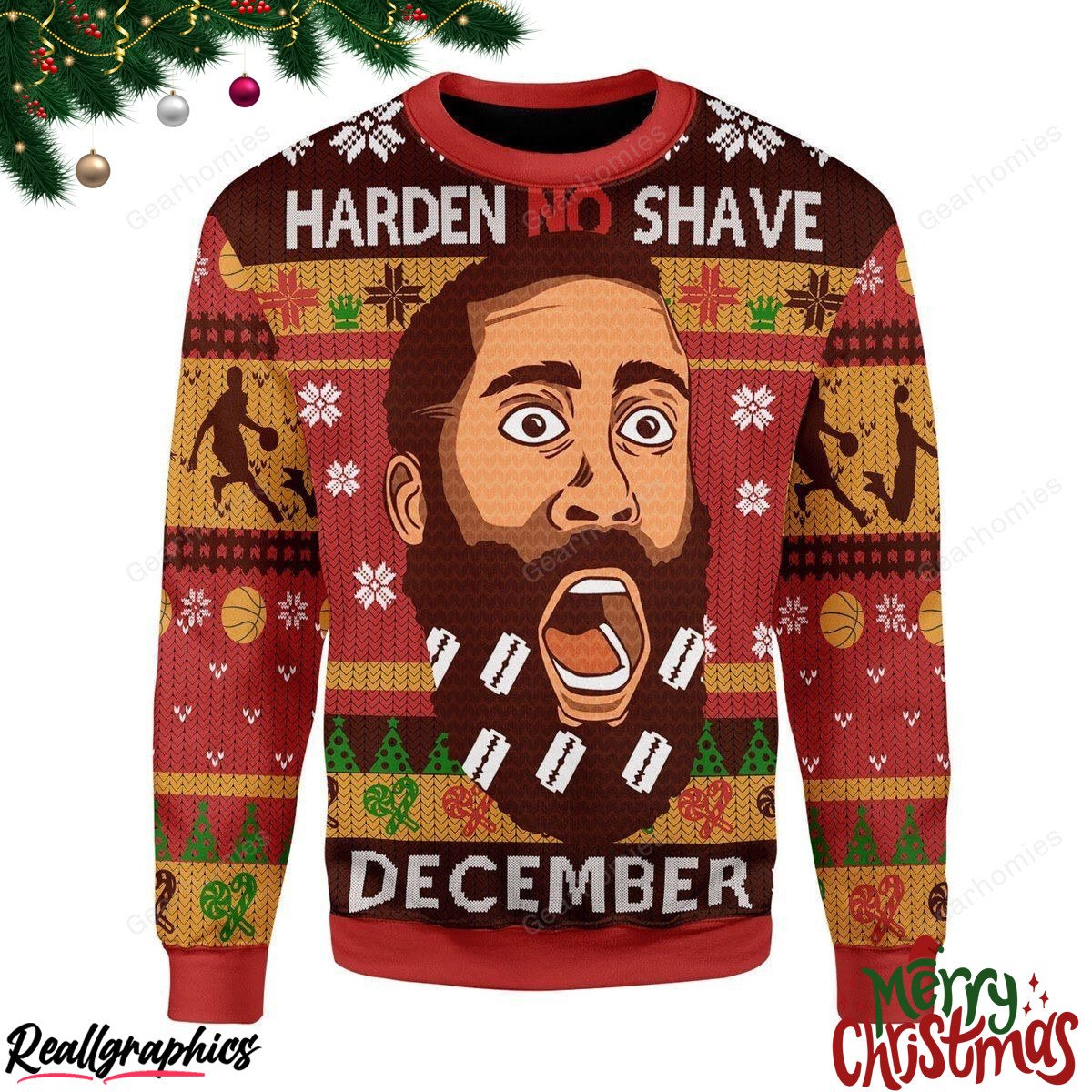merry christmas harden no shave december all over print ugly sweatshirt, sweater