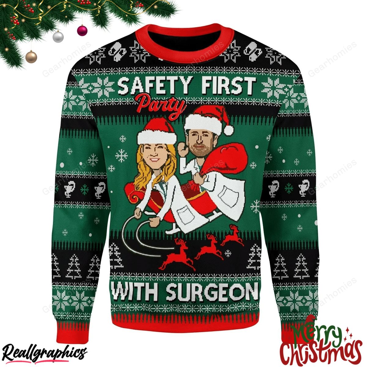merry christmas safety first party with surgeon grey's anatomy christmas ugly sweatshirt - sweater
