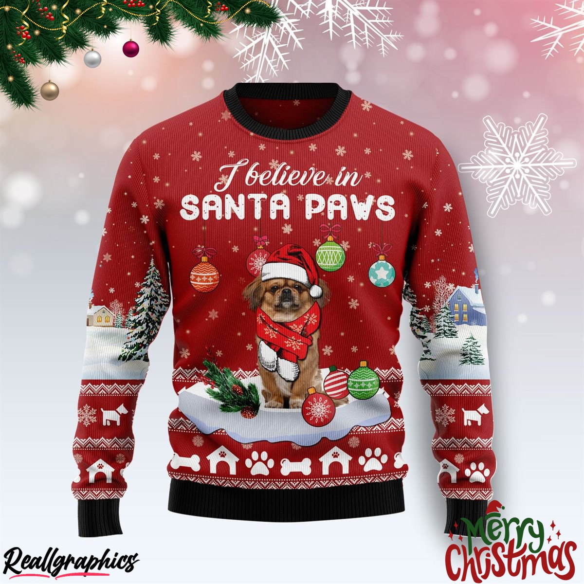 pekingese i believe in santa paws ugly sweatshirt, sweater