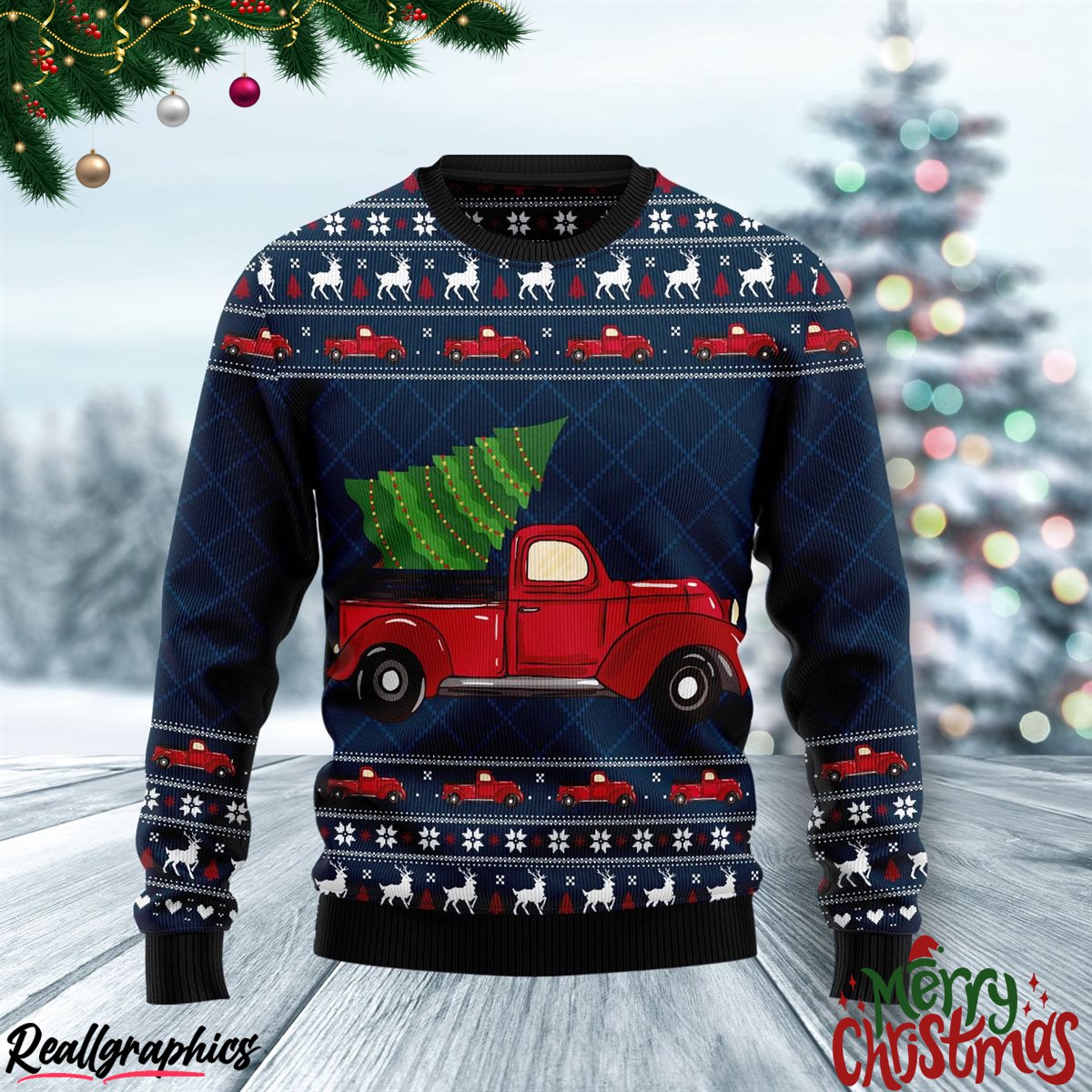 vintage red truck christmas ugly sweatshirt, sweater