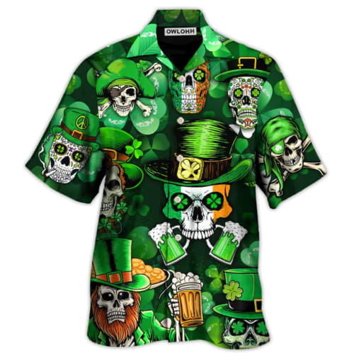 irish skull beer st patrick's day green light clovers hawaiian shirt