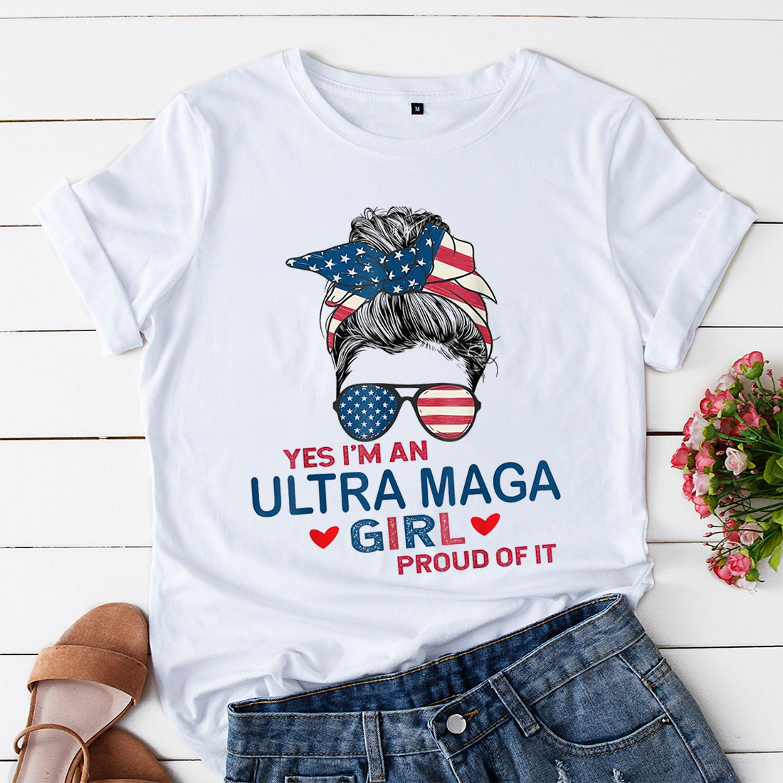 yes im an ultra maga girl proud of it usa flag messy bun shirt