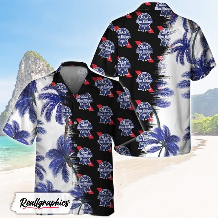 black pabst blue ribbon match palm trees hawaiian shirt