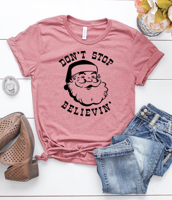 don't stop believin' santa t-shirt