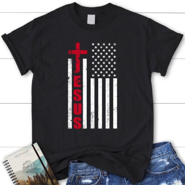 patriotic t-shirts: jesus word cross with american flag christian t-shirt