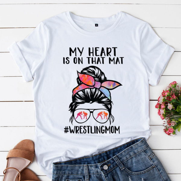 my heart is on that mat funny wrestler son wrestling mom t-shirt