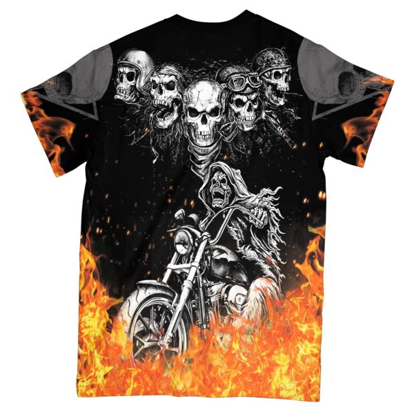 biker skull on the fire all over t-shirt