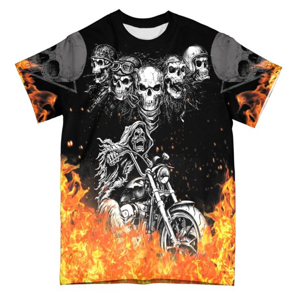 biker skull on the fire all over t-shirt