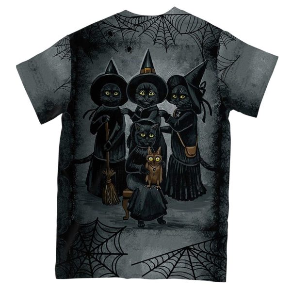 black cat witch all over print t-shirt, scary witch t- shirt