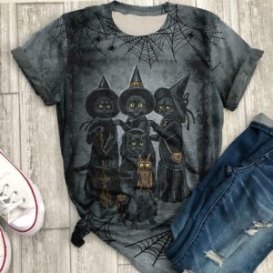 black cat witch all over print t-shirt, scary witch t- shirt