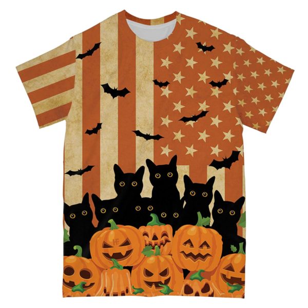 black cats and pumpkins halloween all over print t-shirt, american flag halloween shirt