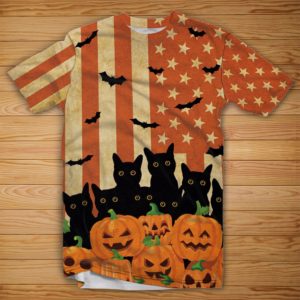black cats and pumpkins halloween all over print t-shirt, american flag halloween shirt