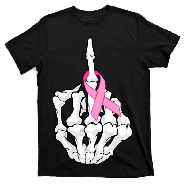 breast cancer skeleton middle finger ribbon t-shirt