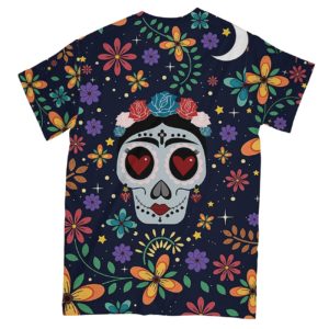 dia de los muertos flower heart all over print t-shirt, floral skul mexican day of the dead shirt
