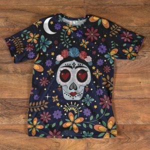 dia de los muertos flower heart all over print t-shirt, floral skul mexican day of the dead shirt