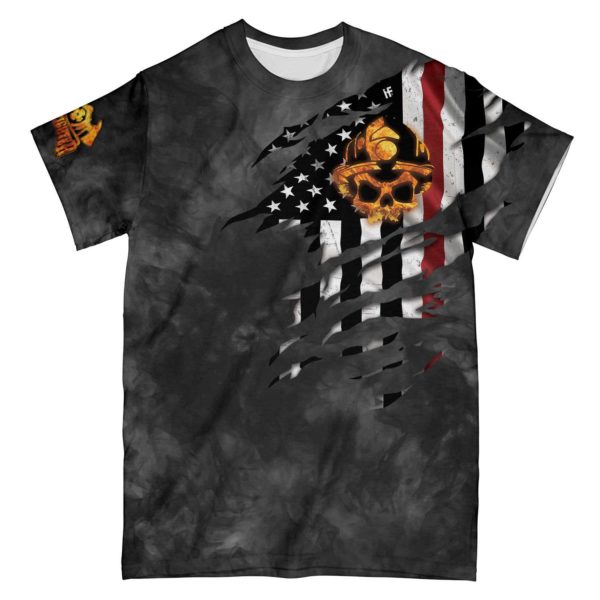 firefighter skull and flag all over print t-shirt