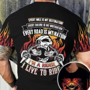i'm a rider i live to ride all over t-shirt, skull flame pattern motorcycle shirt
