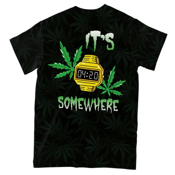 it's 420 somewhere all over print t-shirt, black weed leaf shirt