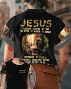 jesus aop t-shirt, black jesus shirt with sayings