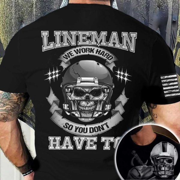 lineman all over print t-shirt, black skull football t-shirt