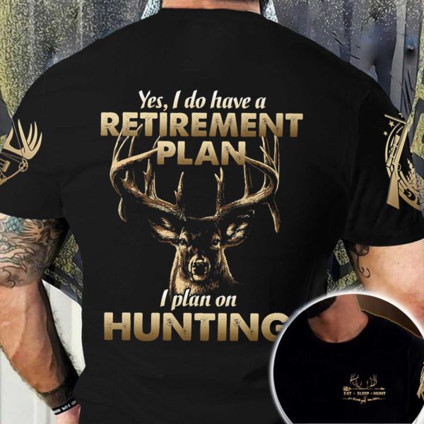 retirement plan on deer hunting all over print t-shirt, black hunting shirt