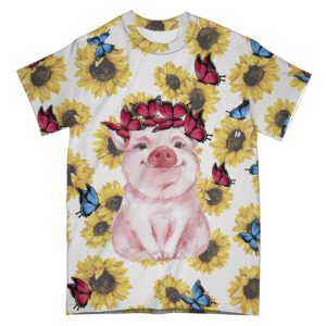 sunflowers with butterflies and pig all over t-shirt