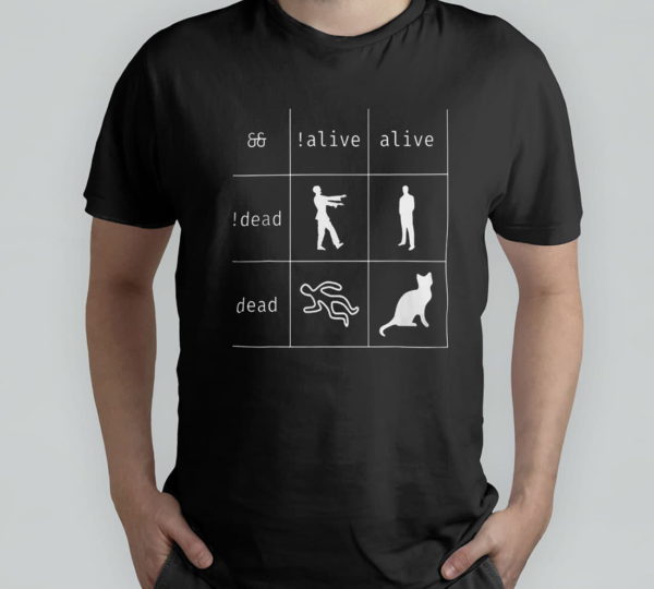 boolean logic alive and dead funny programmer cat t-shirt