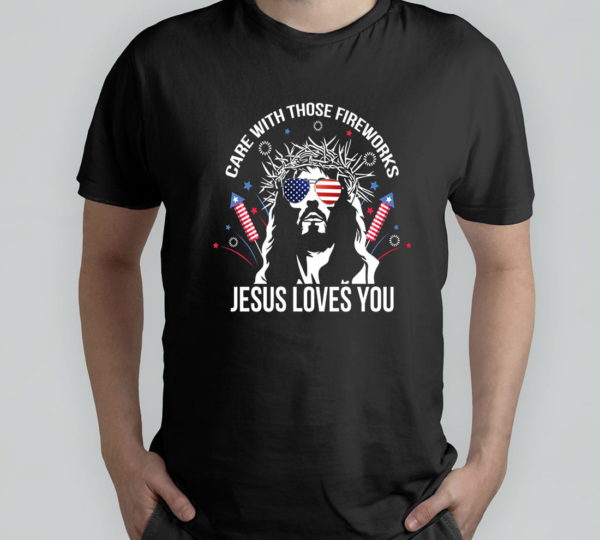 jesus sunglasses american firework usa flag t-shirt