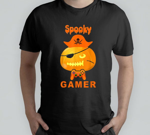 spooky gamer pumpkin pirate halloween video gamer t-shirt