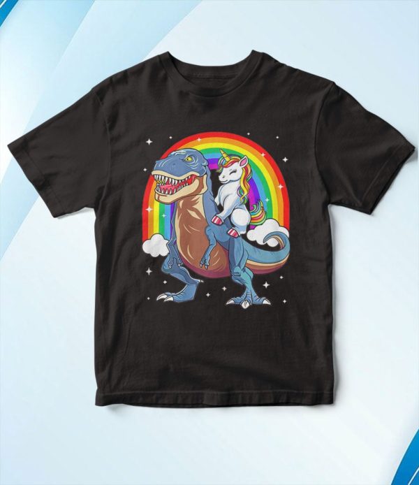 unicorn riding t rex dinosaur rainbow t-shirt
