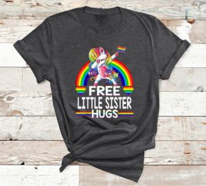 free little sister hugs unicorn lgbt pride rainbow t-shirt