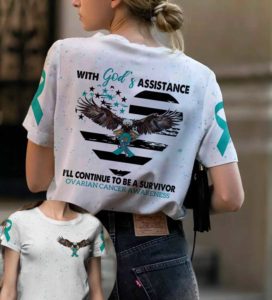 with god's assistance i will continue to be a survivor ovarian cancer awareness all over print t-shirt