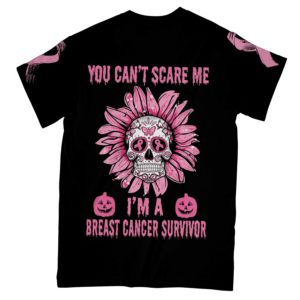 you can't scare me i'm a breast cancer survivor aop t-shirt, halloween breast cancer awareness