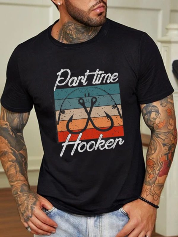 casual vintage part time fishing hook graphic print t shirt gcjr7