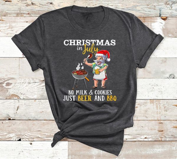 t shirt dark heather christmas in july no milk and cookies just beer and bbq 10msr