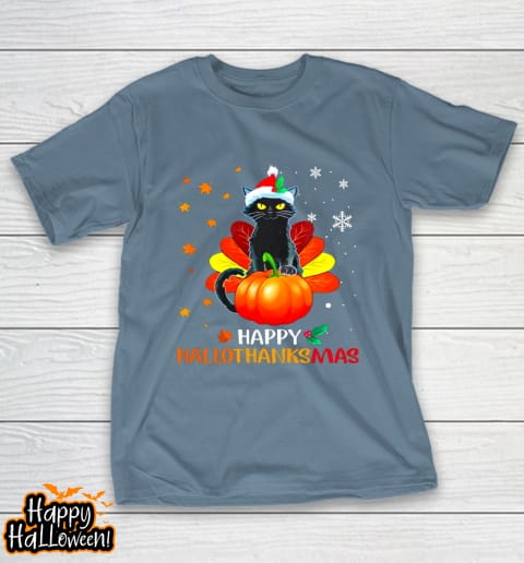 black cat halloween and merry christmas happy hallothanksmas t shirt 915 emhcw8
