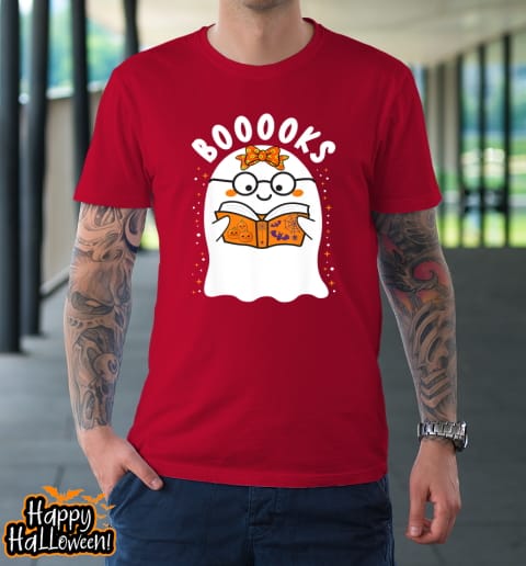 booooks cute ghost reading library books halloween teacher t shirt 1135 tatkt2