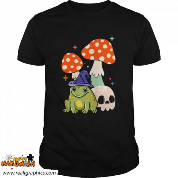 cute witchy frog cottagecore frog wizard frog with mushroom and skull witchcraft halloween shirt 34 e3228