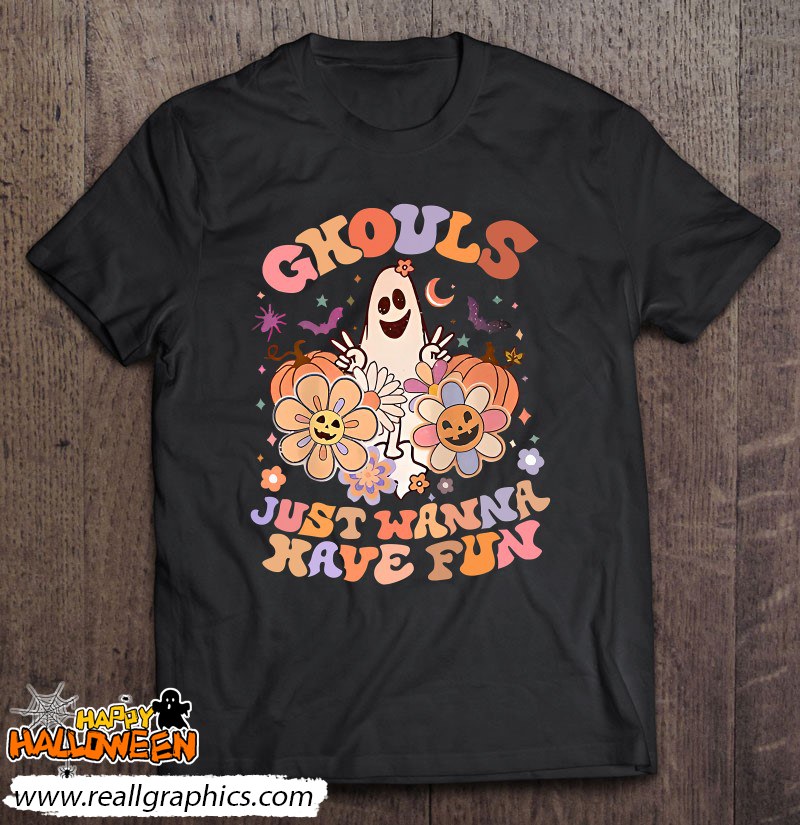 Groovy Ghouls Just Wanna Have Fun Ghost Pumpkin Floral Shirt